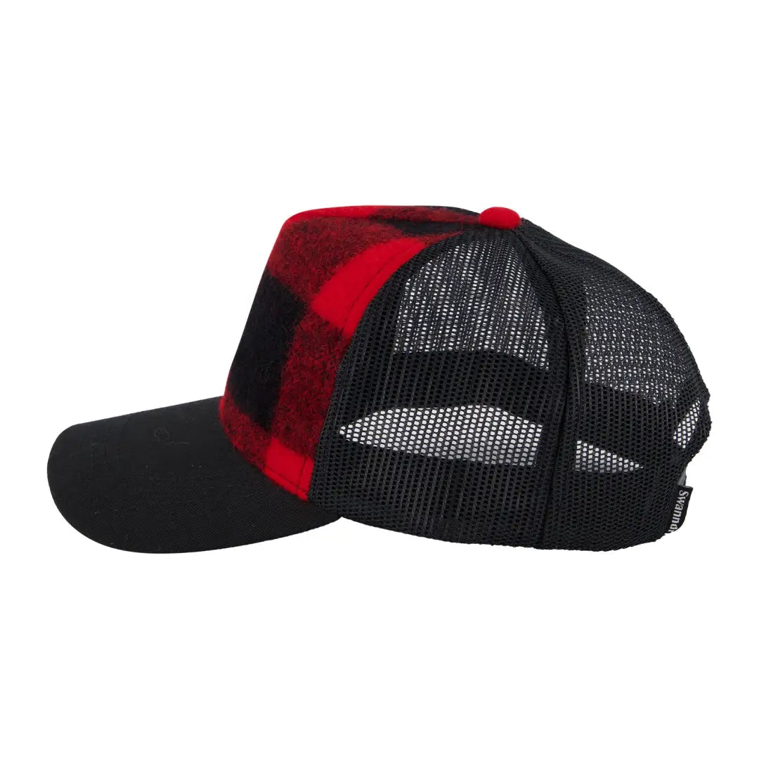 Trucker-style baseball cap with red and black plaid, perfect for country clothing adventures