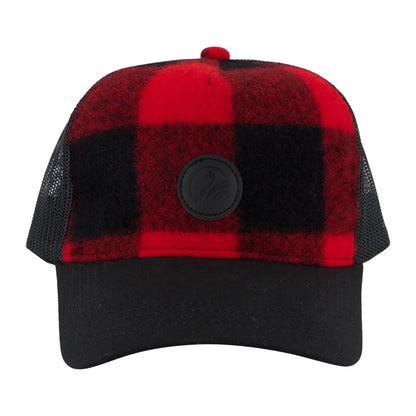 Red and black buffalo plaid baseball cap with black mesh back from Swanndri, perfect for country clothing