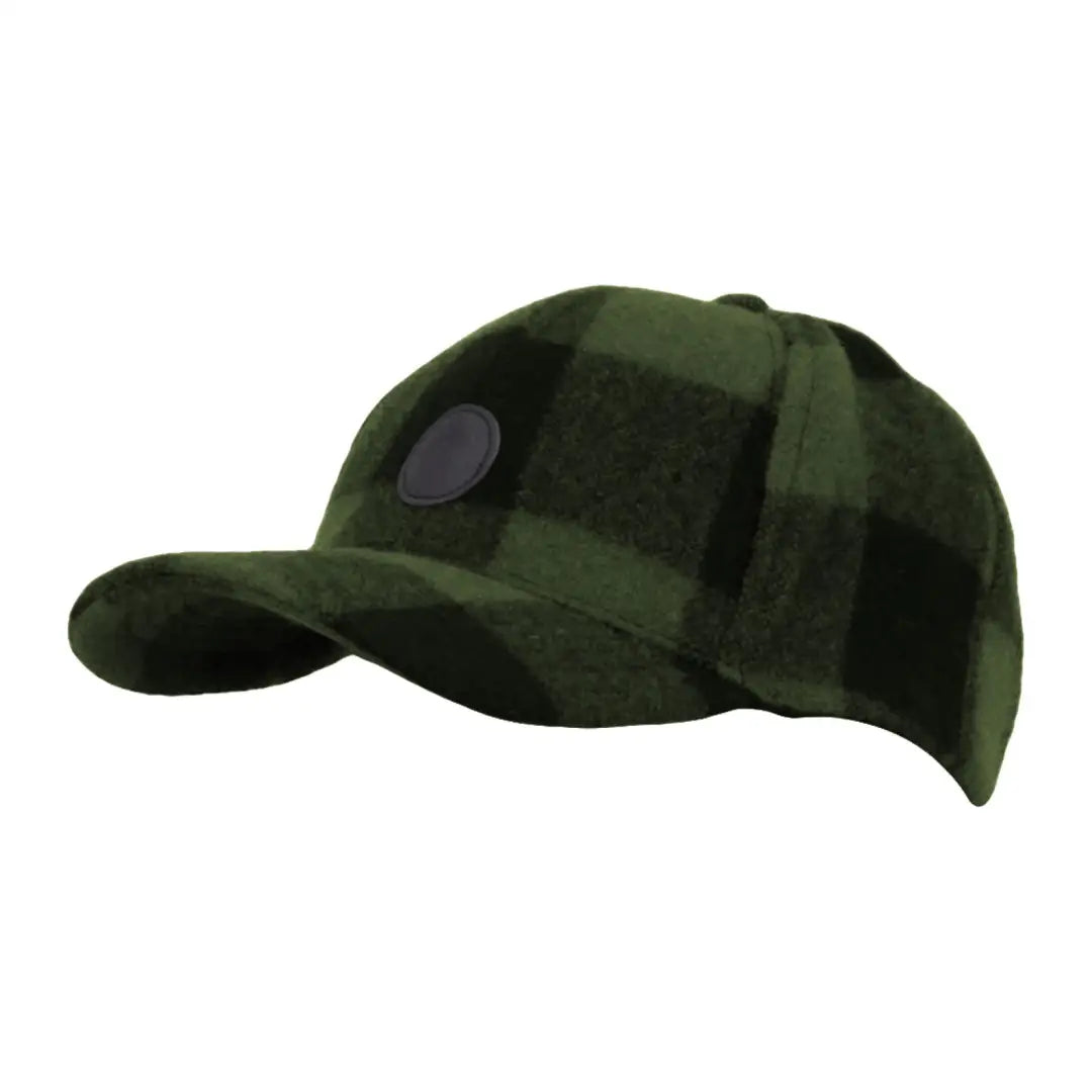 Green and black plaid baseball cap with circular patch from Swanndri Swanni Wool Baseball