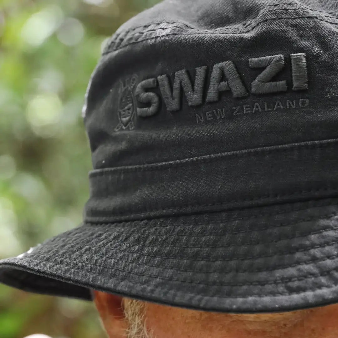 Black Swazi Bucket Hat with embroidered SWAZI NEW ZEALAND, perfect for outdoors and hunting