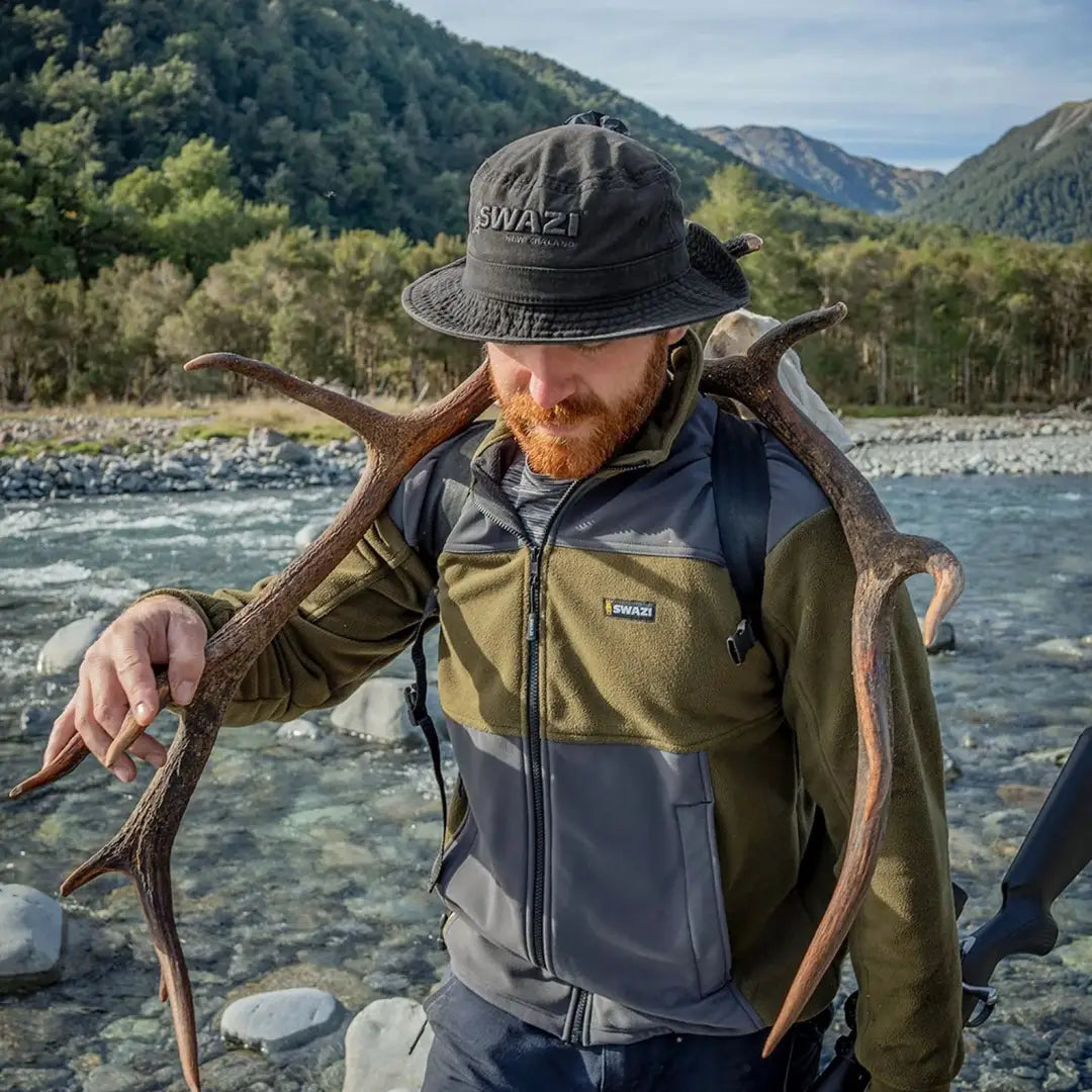 Bearded man in a Swazi Bucket Hat, showcasing country clothing for hunting and outdoors