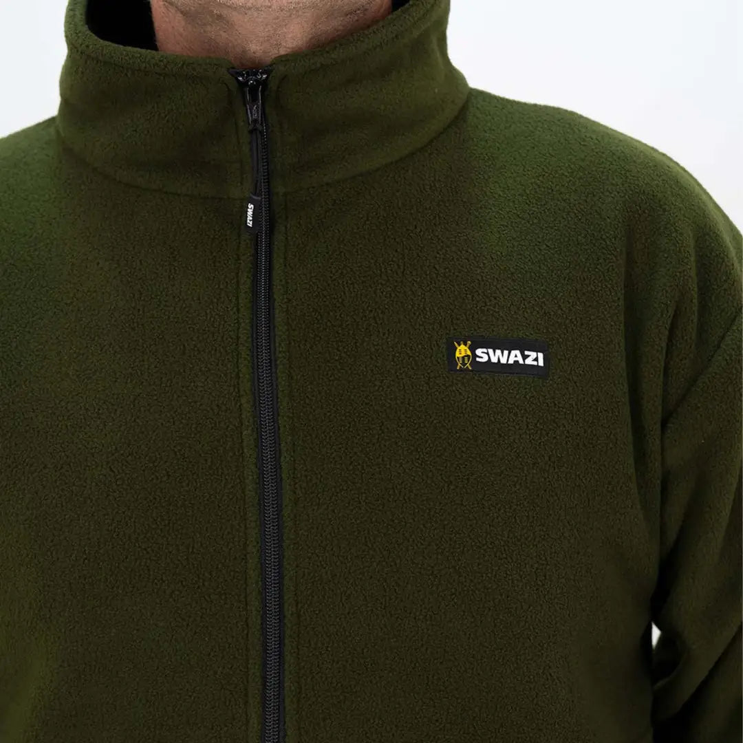 Dark green Swazi Doughroaster Fleece jacket with high collar and logo displayed