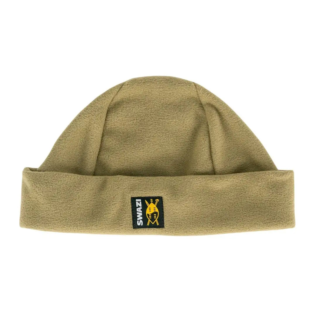 Tan fleece beanie hat with logo patch for country clothing lovers and hunting enthusiasts