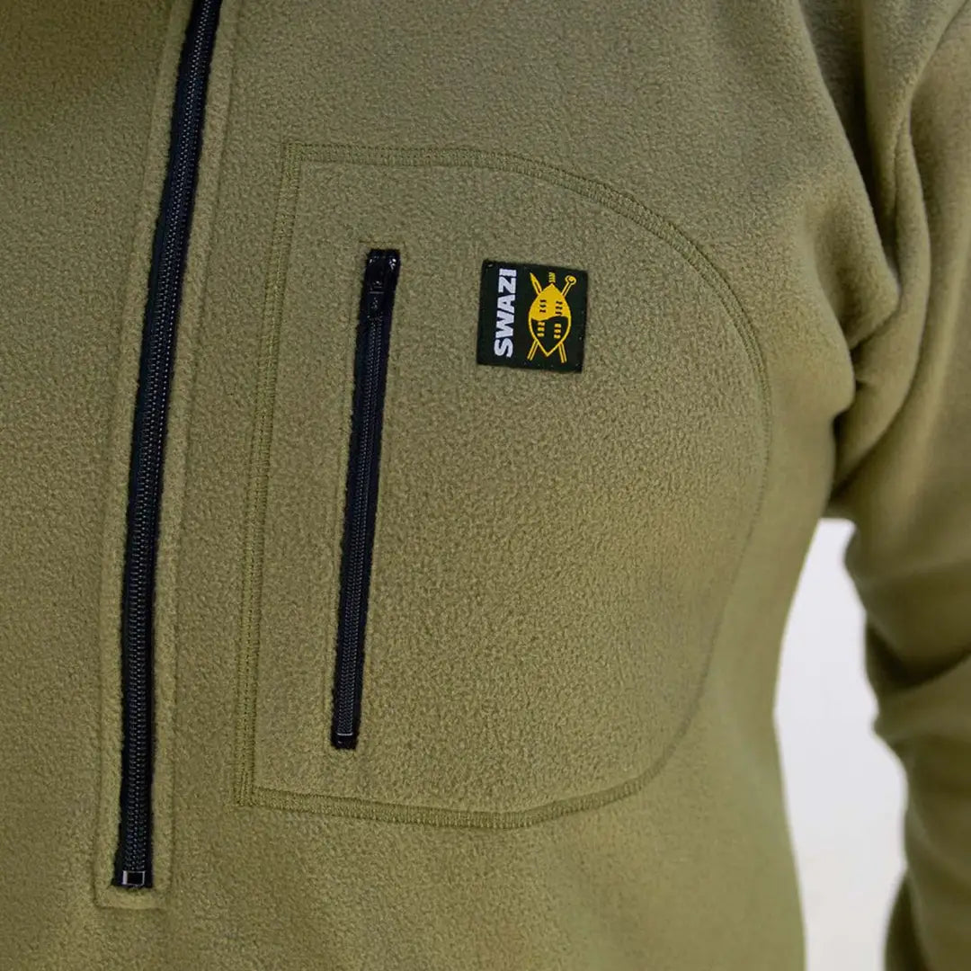 Olive green fleece jacket with a chest pocket offers and cozy fleece hood from Swazi The Hood