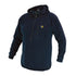 Navy blue fleece hood pullover with quarter-zip and yellow logo for cozy style