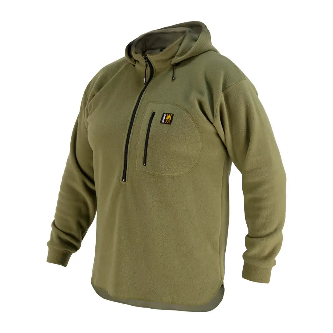 Olive green fleece hoodie with quarter-zip and chest pocket offers cozy warmth