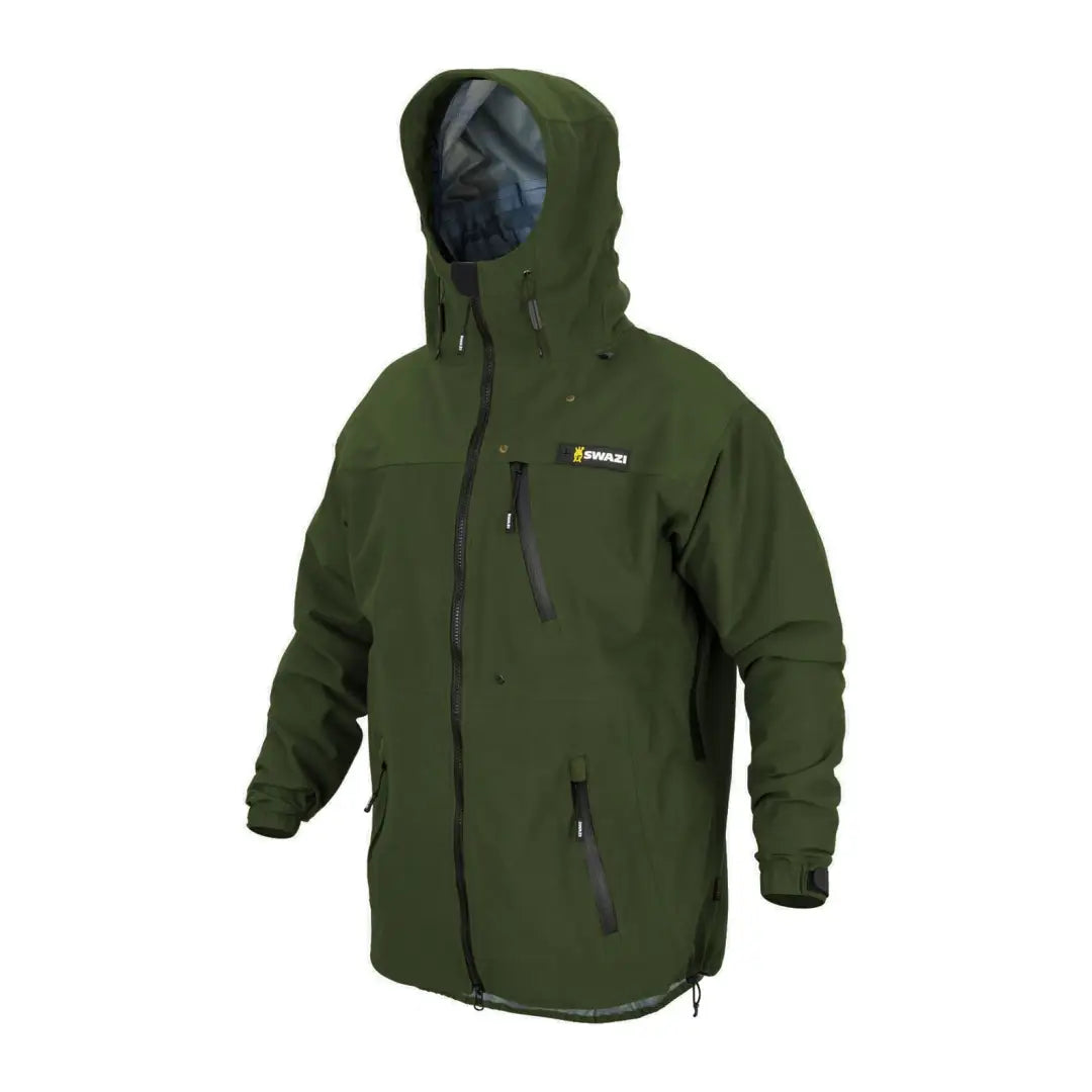 Green hooded Swazi Ibex Jacket with zippered pockets perfect for outdoor adventures