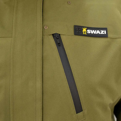 Olive green Swazi Kagoule jacket with logo patch and diagonal zip pocket in Aegis knit fabric