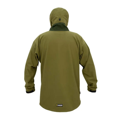 Back view of Swazi Kagoule in olive green, featuring amazing freedom with Aegis Knit fabric