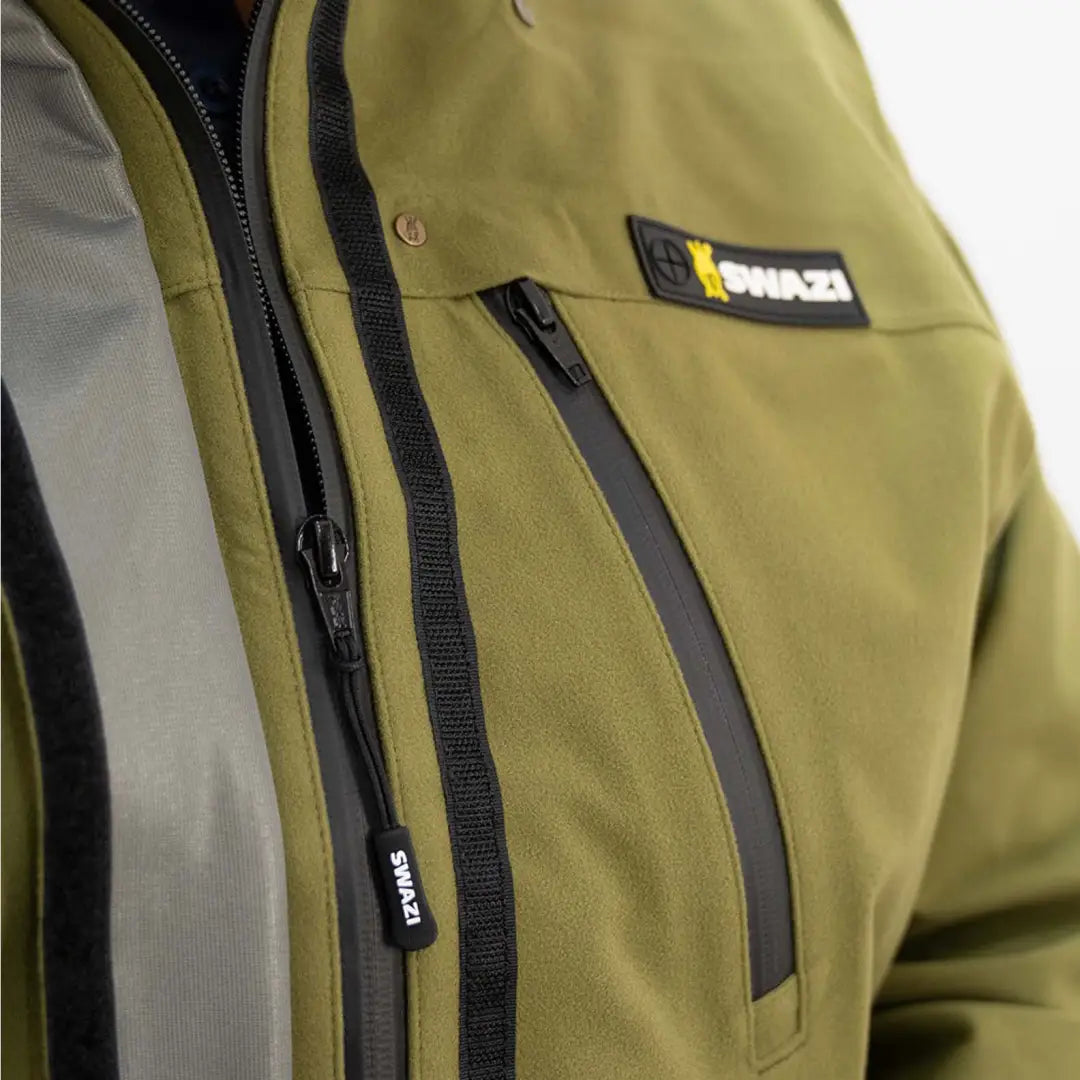 Stylish Olive Green Swazi Kagoule with black zippers and yellow logo, features amazing freedom