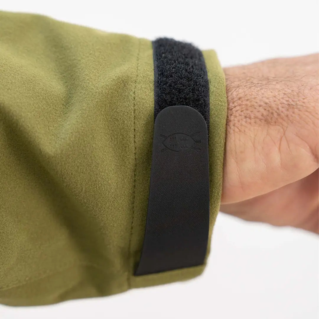 Sleeve cuff of Swazi Kagoule jacket featuring black velcro and 3-layer Aegis knit