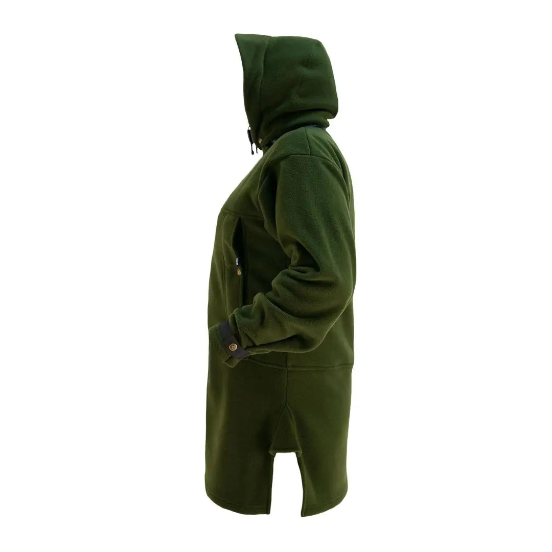 Dark green Swazi Nahanni Fleece smock coat with long sleeves and side zipper