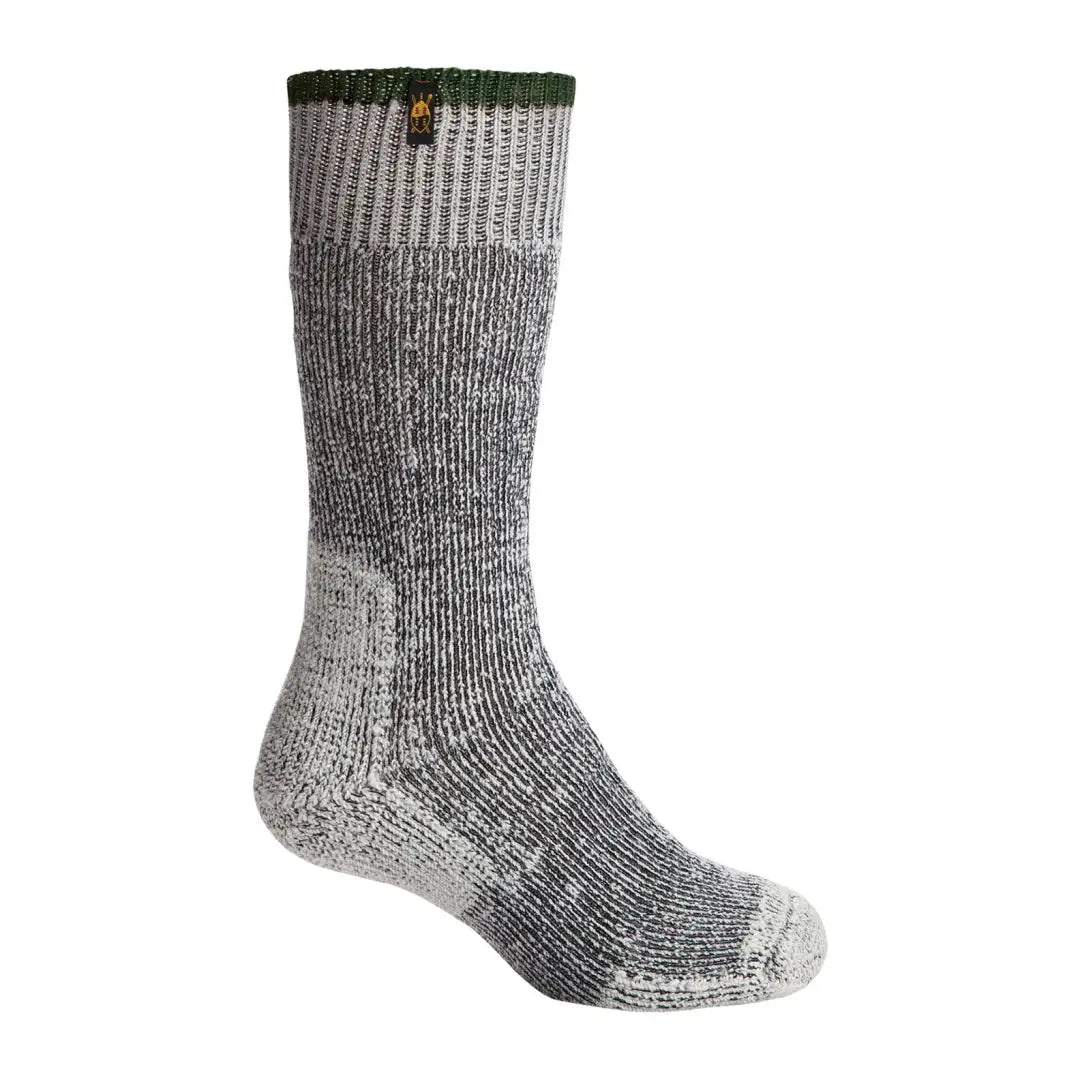 Thick gray wool farm sock with a green band, perfect for country clothing and hunting