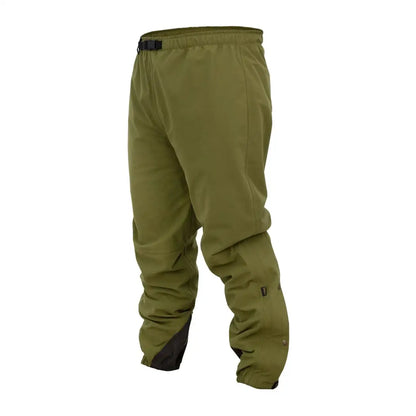 Olive green Swazi Overpants with black waistband, made from soft quiet aegis fabric