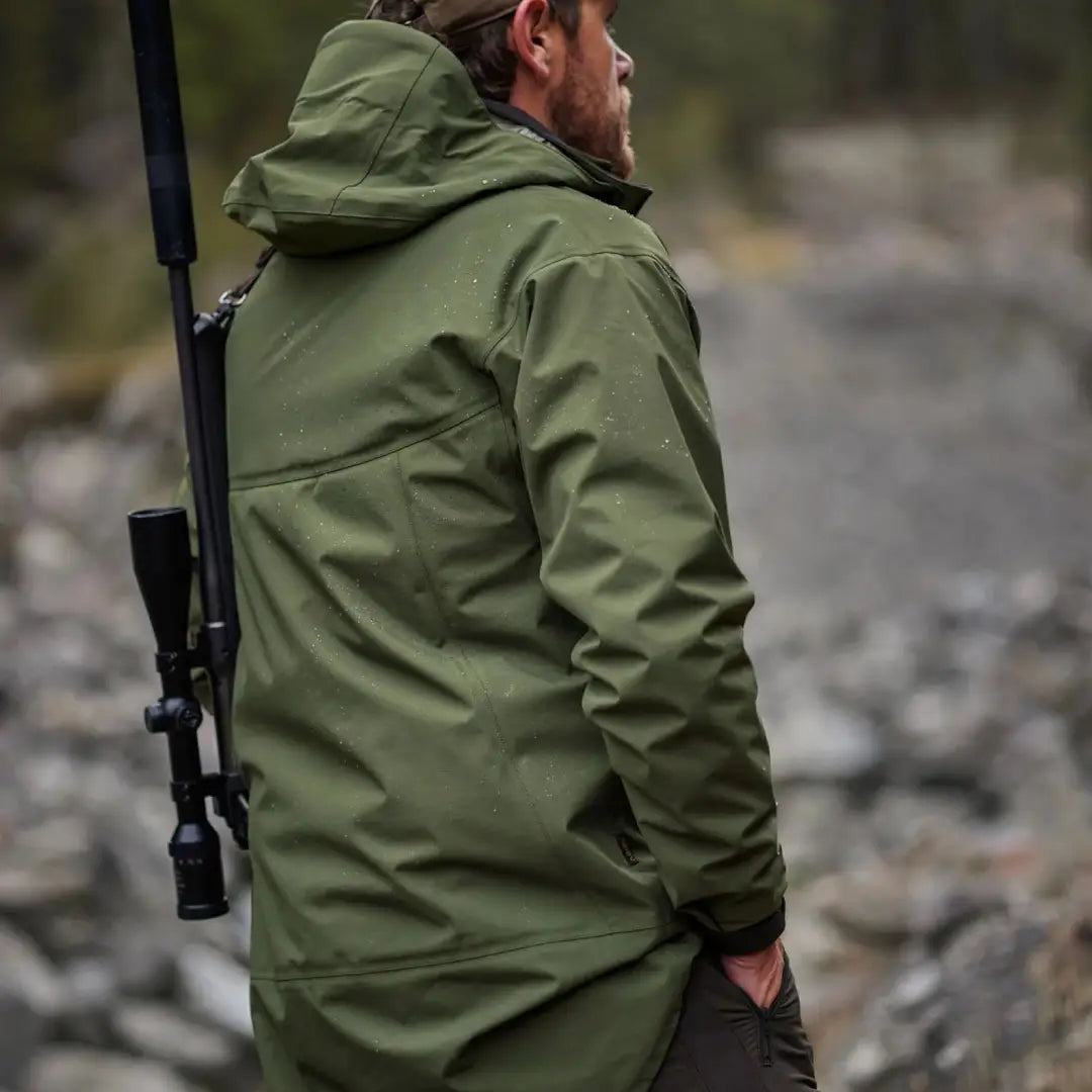 Green hooded rain jacket from Swazi Sentinel for country clothing and hunting trips