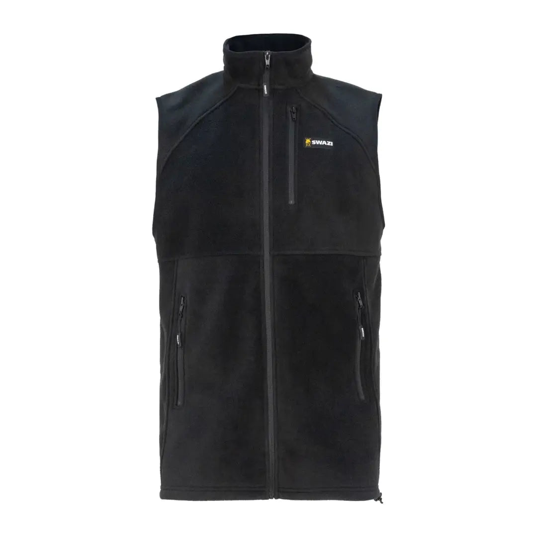 Black Swazi Sherpa Vest with zipper front and small yellow logo for cozy warmth