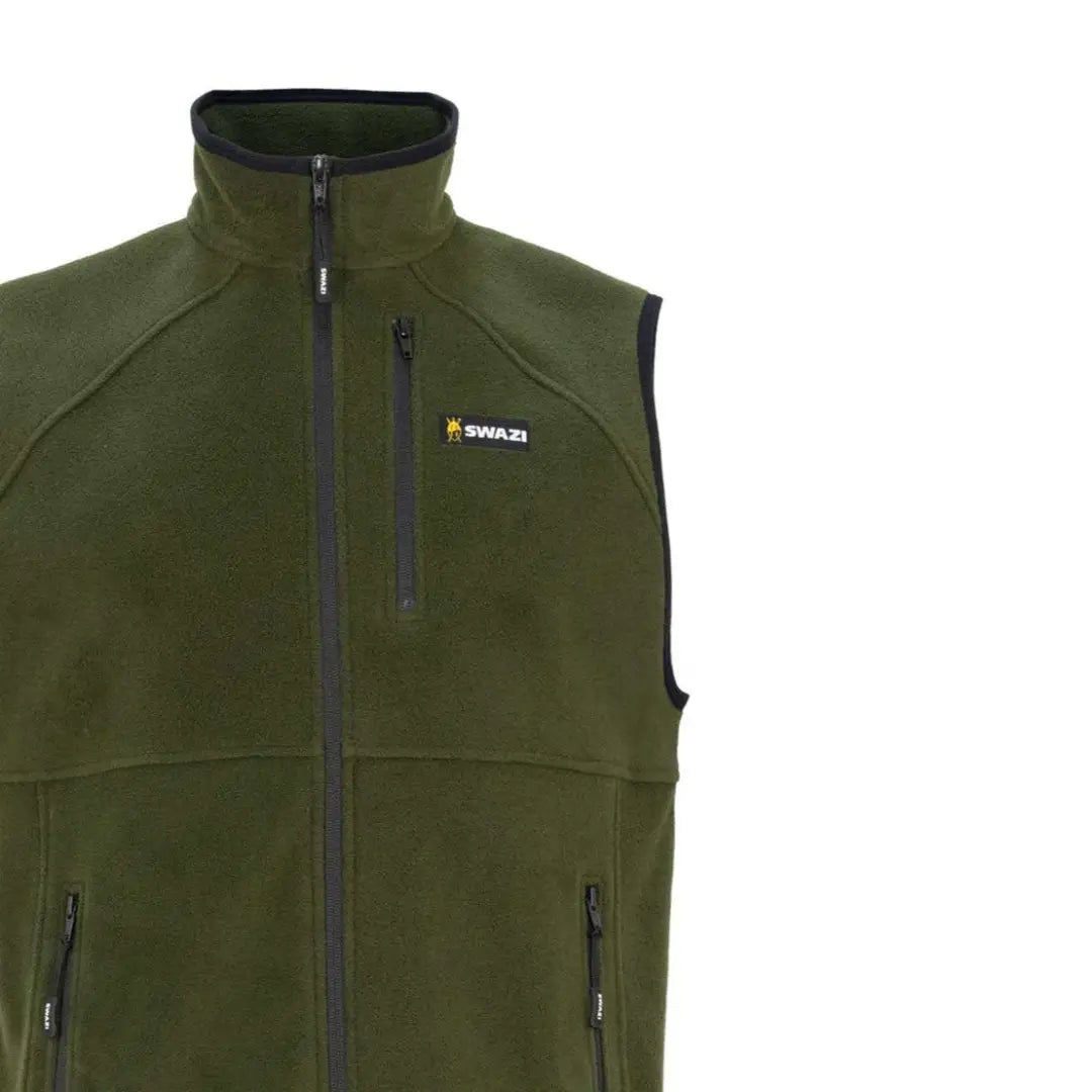 Green Swazi Sherpa Vest with zippered pockets and high collar for outdoor adventures