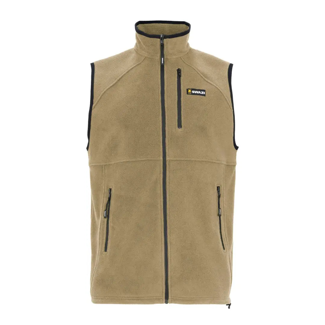 Beige Swazi Sherpa Vest with black trim and zipper pockets perfect for cozy layering