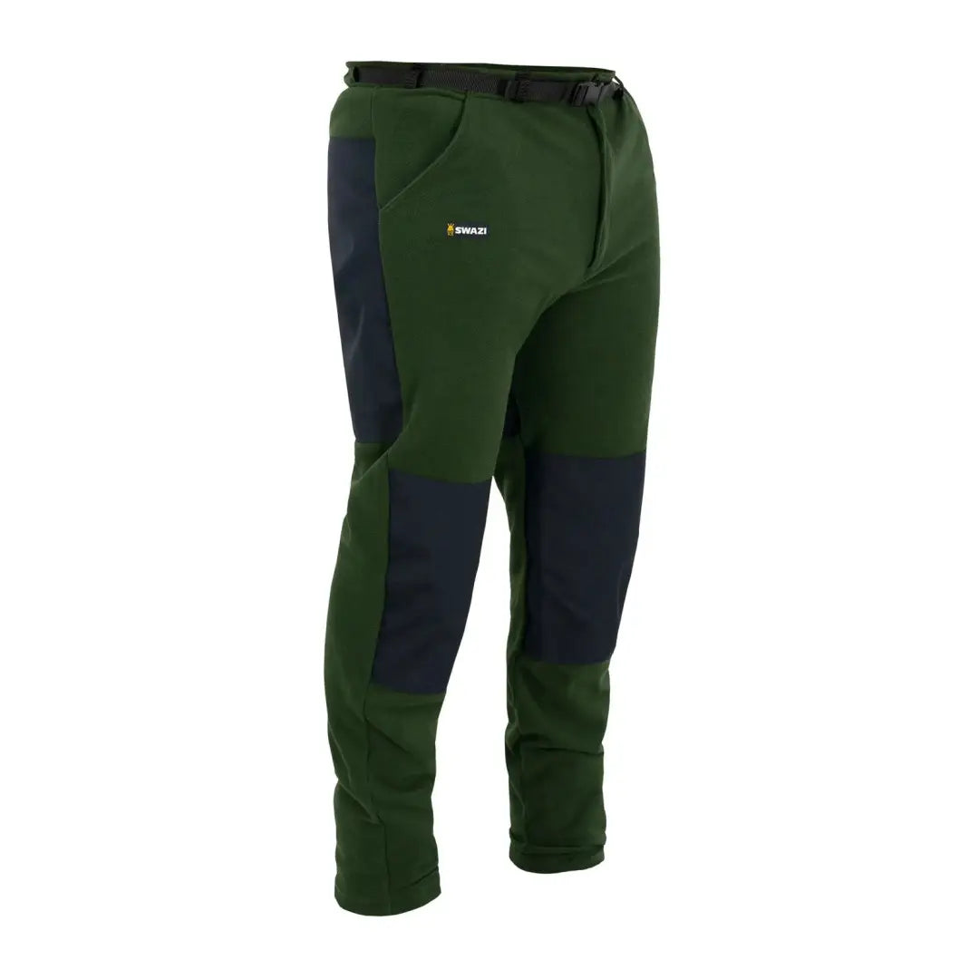 Green and navy Swazi Steevos hiking pants with reinforced knees in 210gsm microfleece