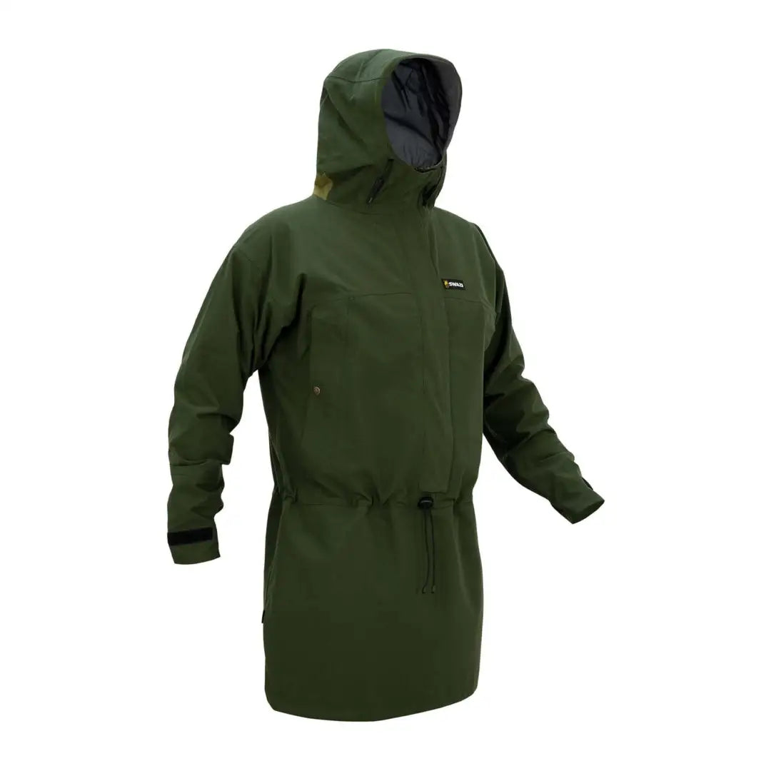 Green hooded parka jacket with drawstring waist perfect for wet weather adventures