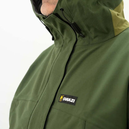 Green outdoor jacket with Ghazi logo patch from Swazi Tahr XP Smock for wet weather adventures