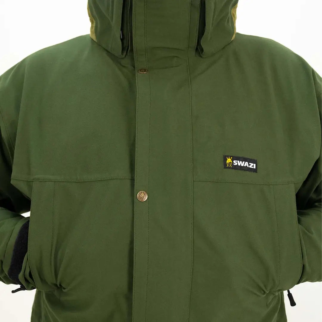 Green hooded Swazi Wapiti XP Jacket with logo patch for stylish outdoors person wanting high-performance rain wear