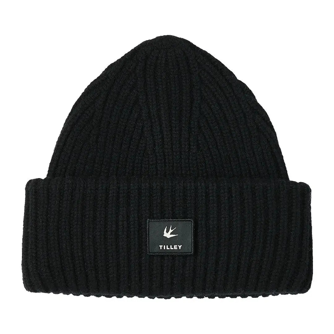 Black knit Tilley Alpine Beanie with logo patch perfect for any casual outfit