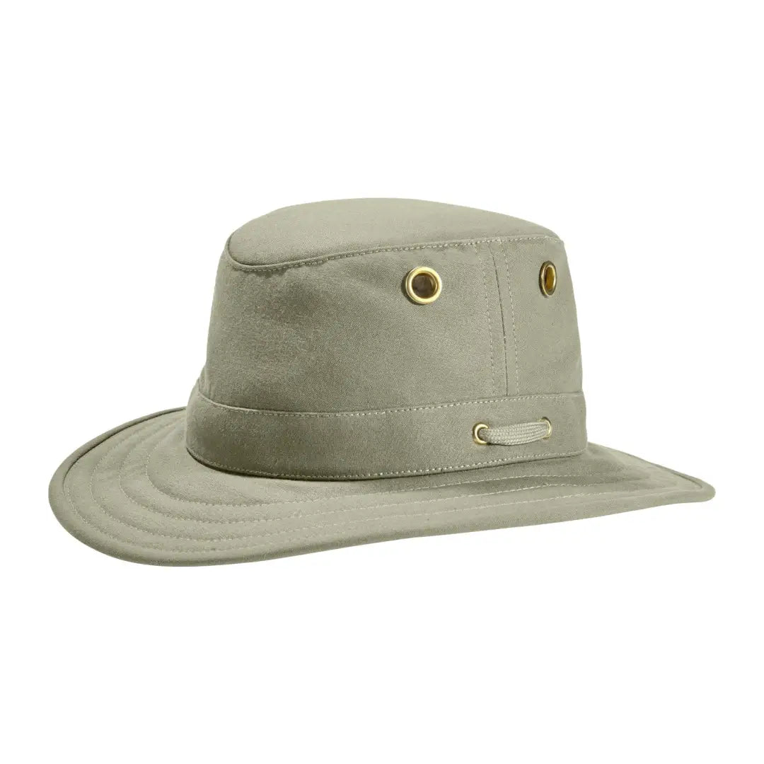 Khaki Tilley Authentic T5 Cotton Hat with wide brim and grommets for a cool outdoor look