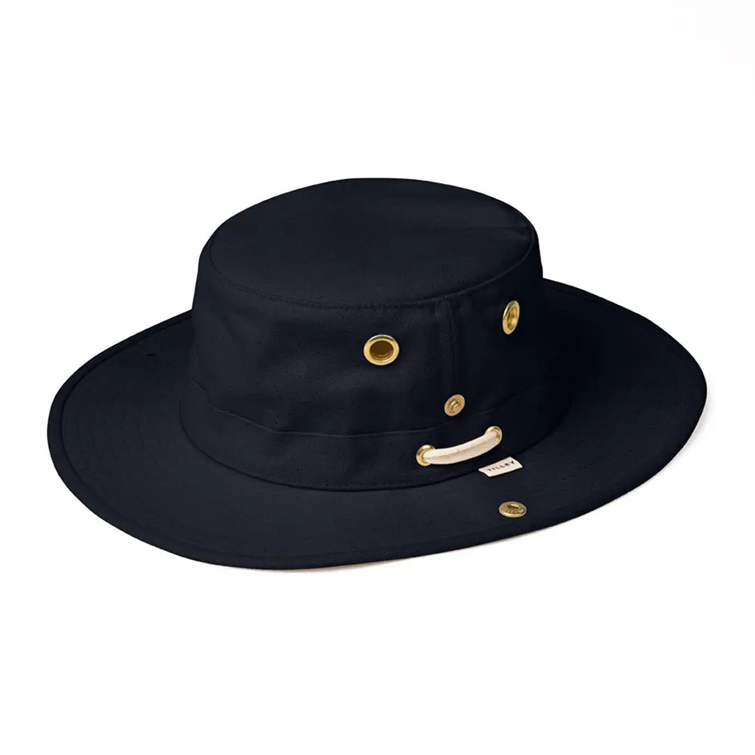 Black wide-brimmed Tilley Classic T3 Cotton Duck Hat with gold-colored metal accents