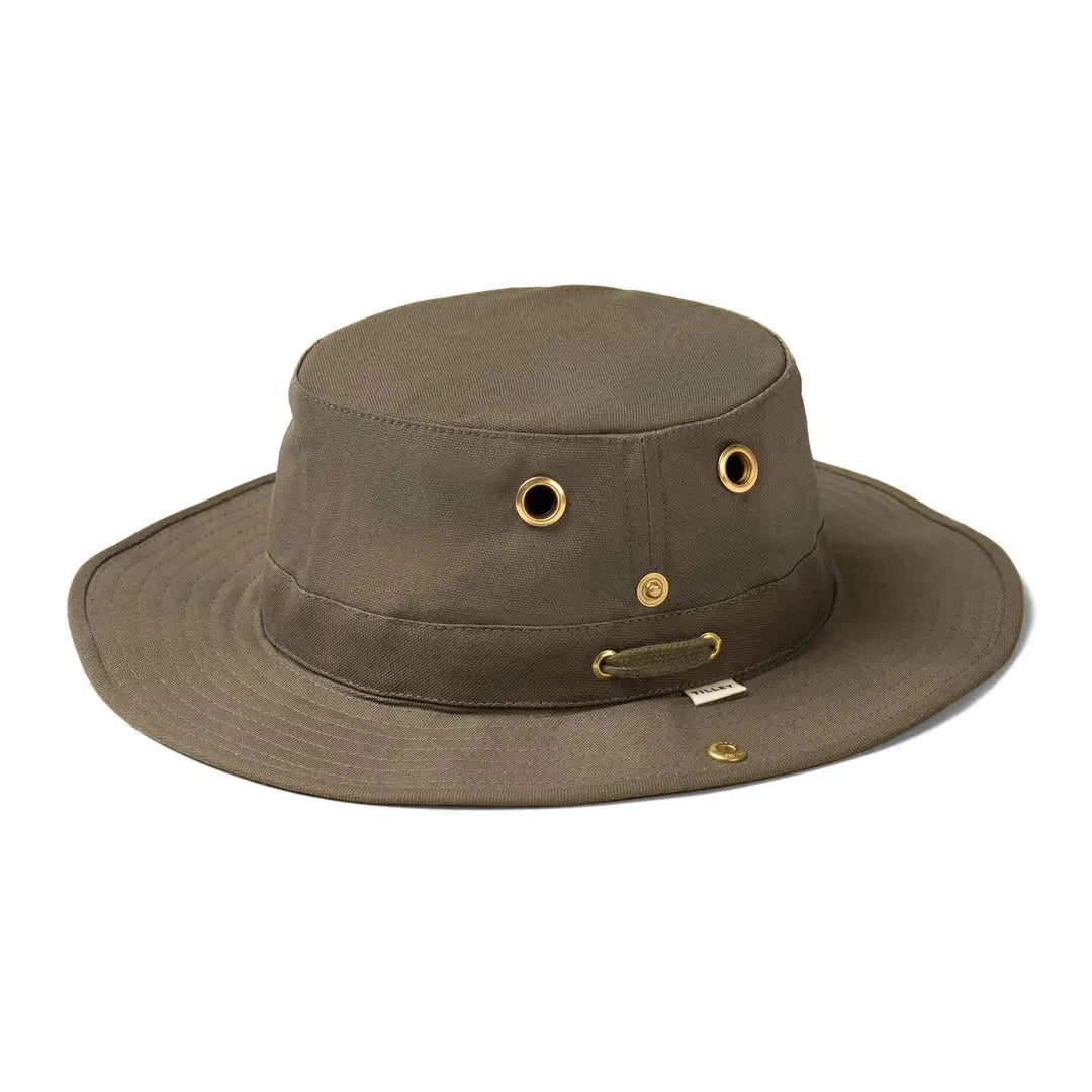 Olive green Tilley Classic T3 Cotton Duck Hat with brass eyelets and chin strap