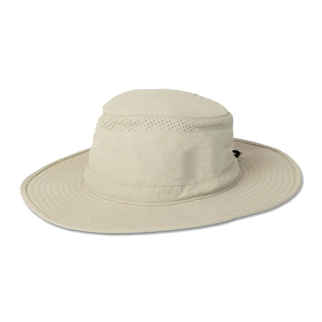 Wide-brimmed beige Tilley Dunes Drifter Hat with ventilation holes for cool comfort