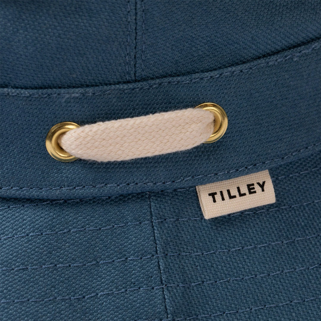 Detailed view of a Blue Tilley Iconic T1 Bucket Hat showcasing its unique design