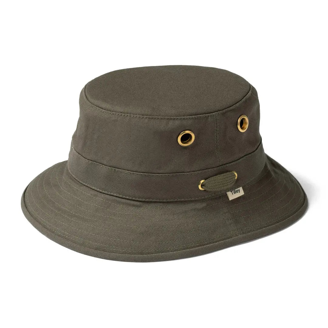 Olive green Tilley Iconic T1 Bucket Hat with brass eyelets and metal tag, durable water repellent