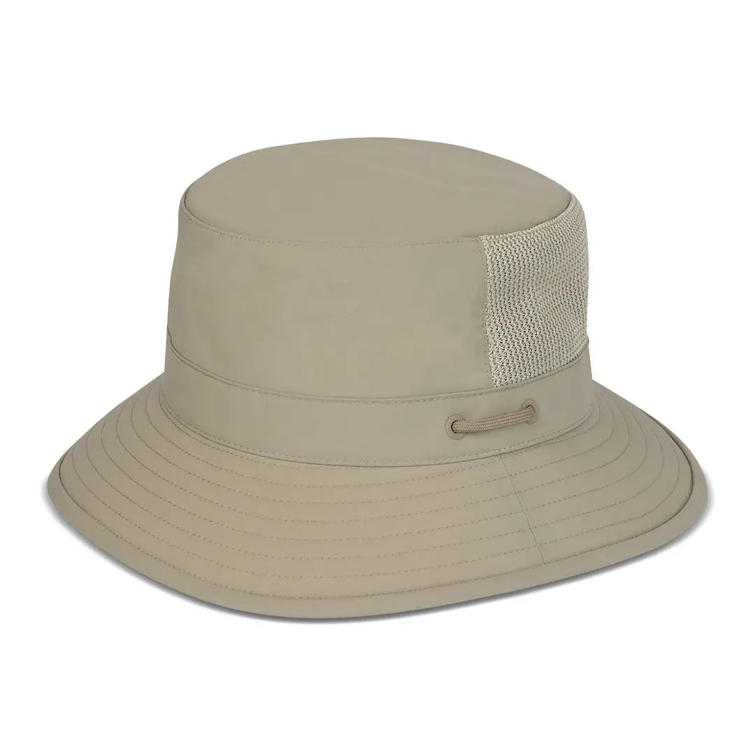 Beige Tilley LTM1 Airflo Bucket hat features iconic T1 silhouette and mesh panel