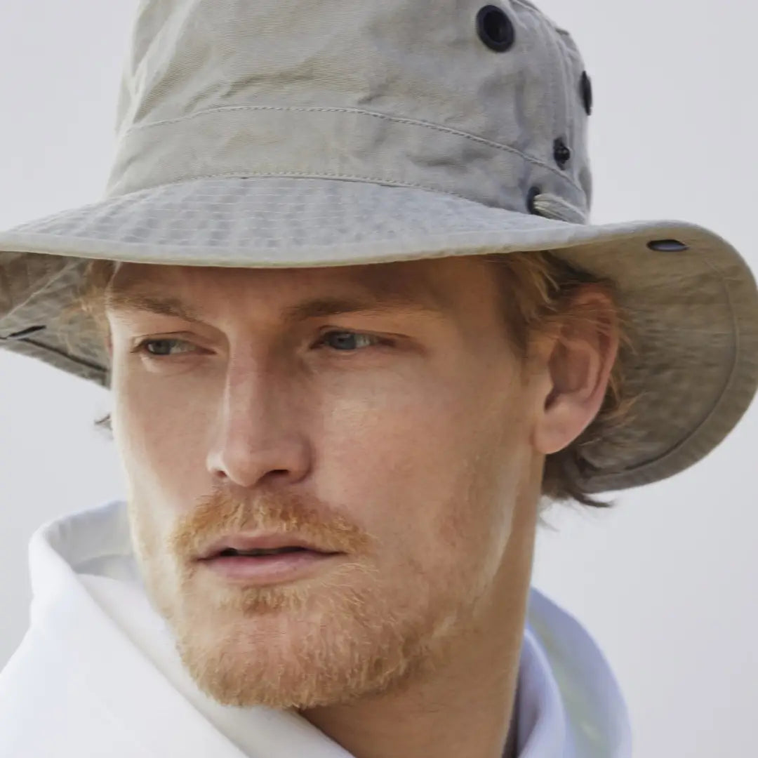 Beige Tilley T3 Wanderer Hat with ventilation holes, perfect for country clothing style