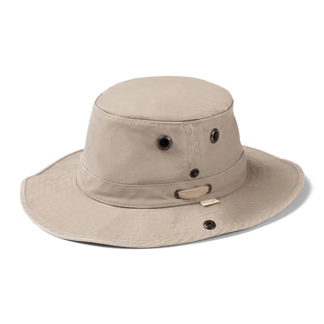 Beige Tilley T3 Wanderer Hat with wide brim and metal grommets for country clothing