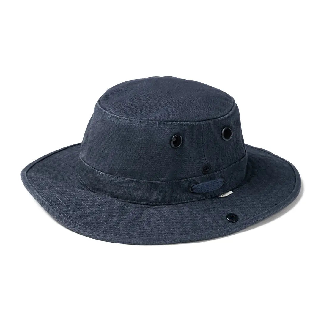 Navy blue Tilley T3 Wanderer Hat with wide flat brim and ventilation holes for comfort