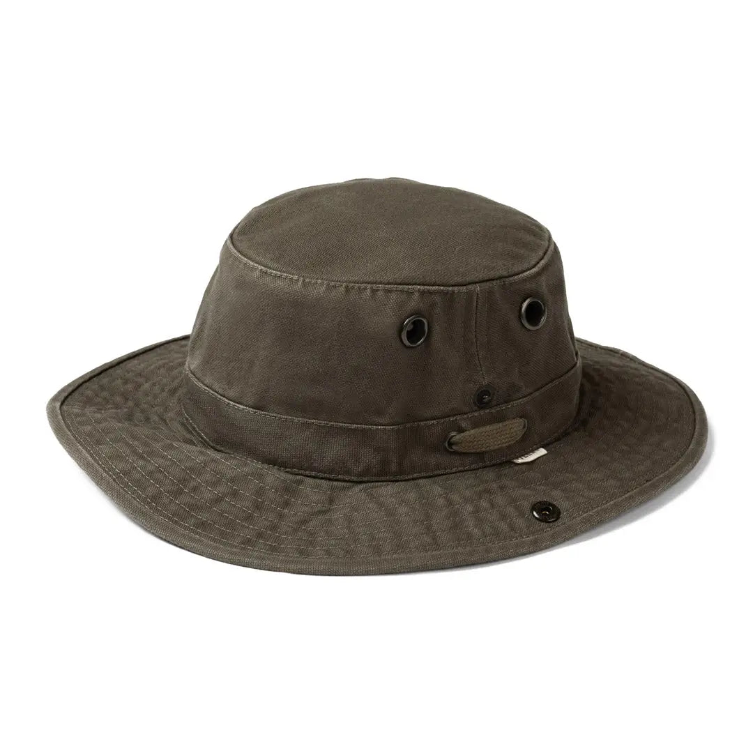 Olive green Tilley T3 Wanderer Hat with flat brim and ventilation eyelets for comfort