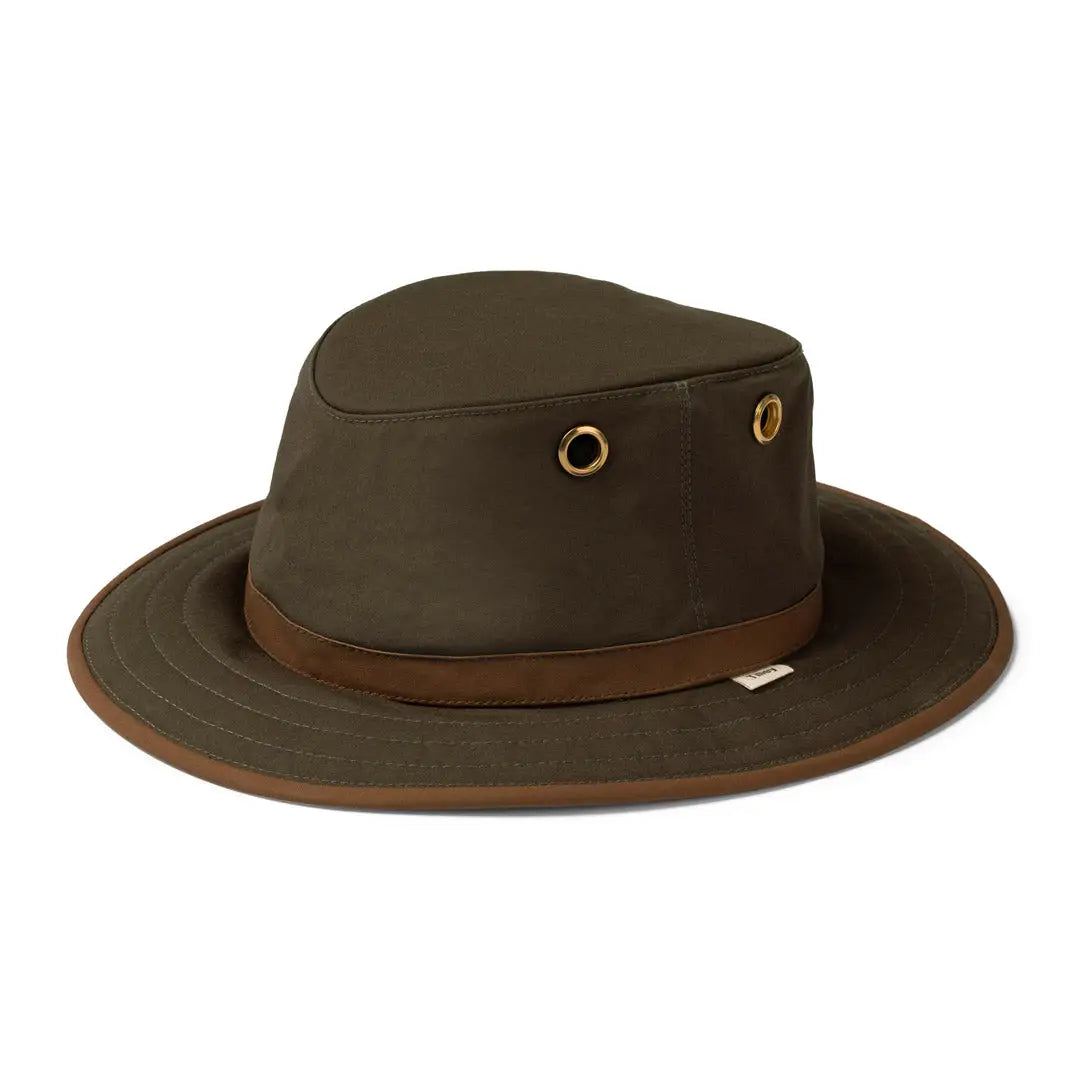 Olive green Tilley TWC7 Outback Waxed Cotton Hat with brown band and brass eyelets, handmade heritage hat for maximum sun protection