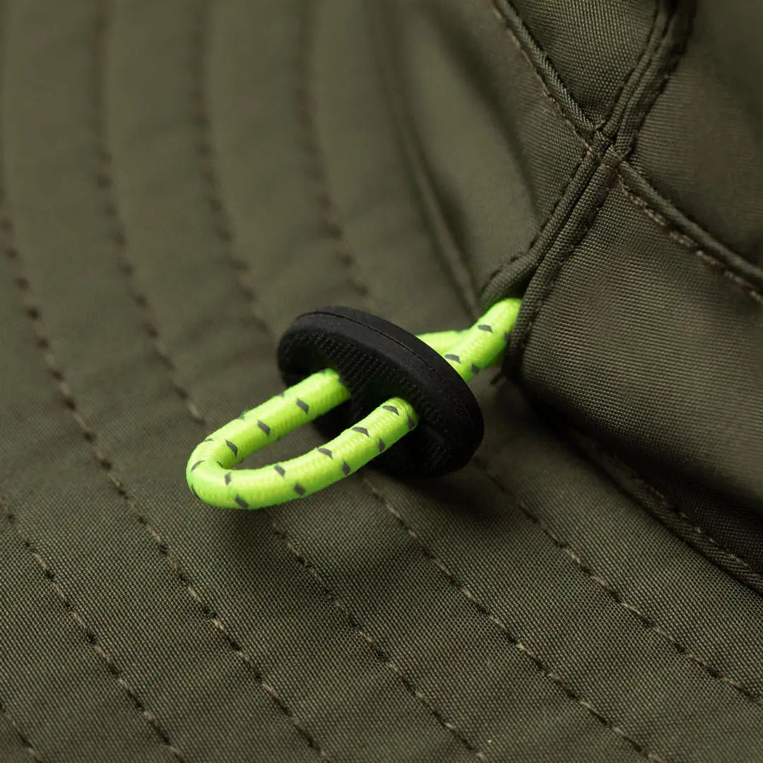 Neon green drawstring cord with black toggle on Tilley TWS1 certified UPF 50+ weather hat