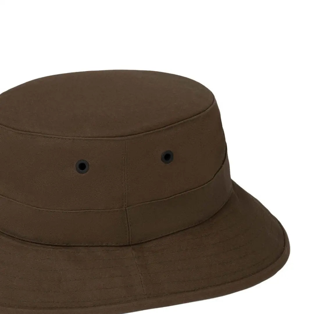 Brown bucket hat with ventilation holes and flat brim, the finest British Millerain style