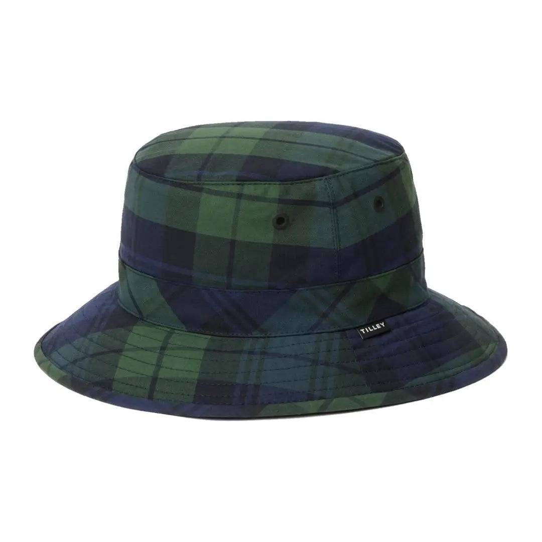 Plaid bucket hat in green and navy blue made from British Millerain waxed cotton