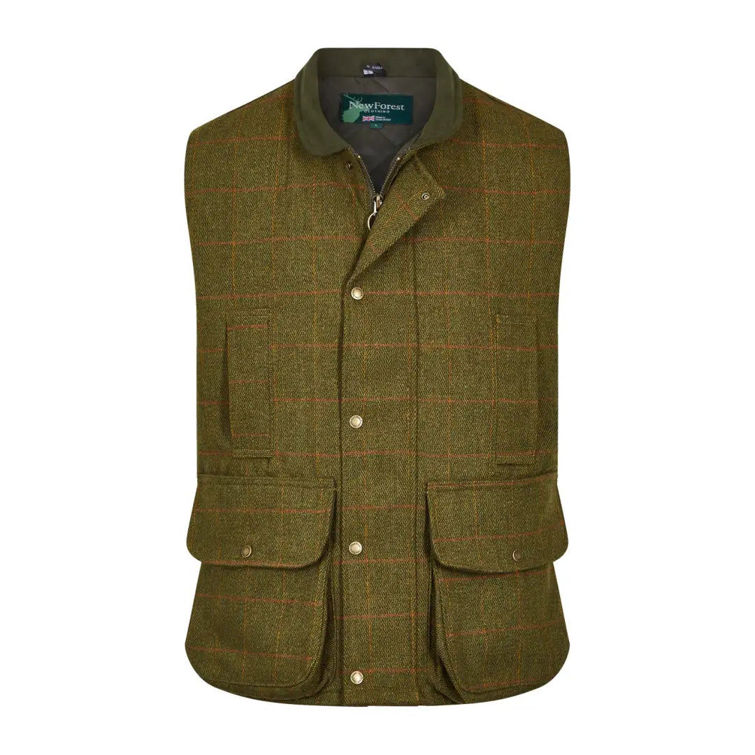 Green tweed gilet with pockets and brass snaps, perfect for country clothing and hunting