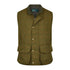 Green tweed gilet with pockets and brass snaps, perfect for country clothing and hunting