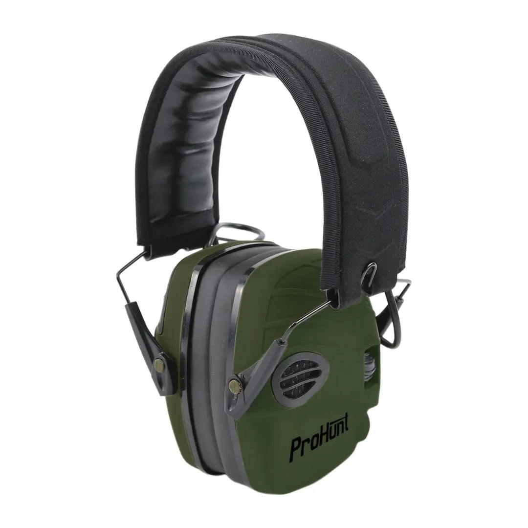 Pair of green and black Verney Carron electronic ear defenders labeled ProHunt