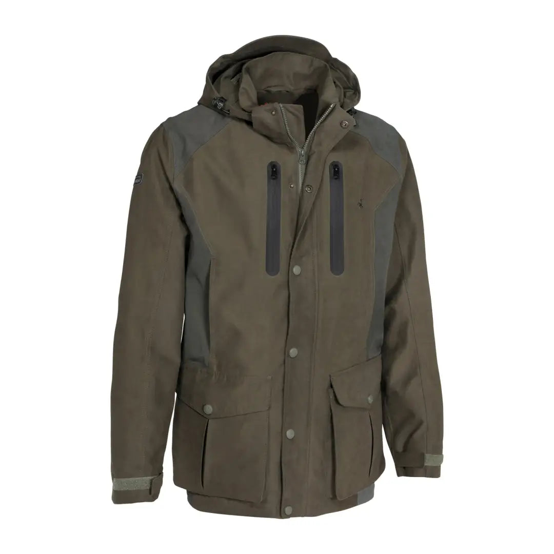 Olive green Verney Carron Falcon Jacket, flexible waterproof with multiple pockets and zippers