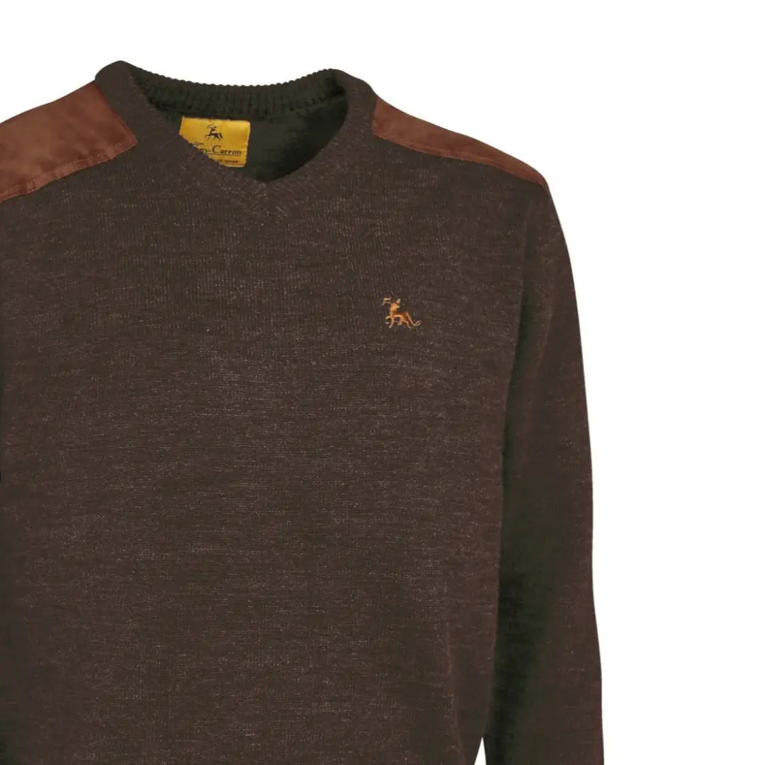 Brown Verney Carron Fox V-Neck Pullover with leather patches and logo detail