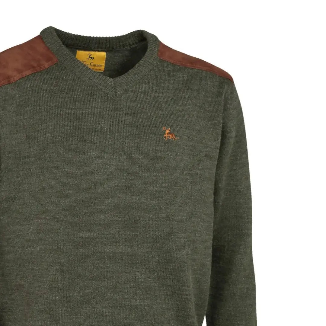 Green Verney Carron Fox V-Neck Pullover with brown patches and logo detail