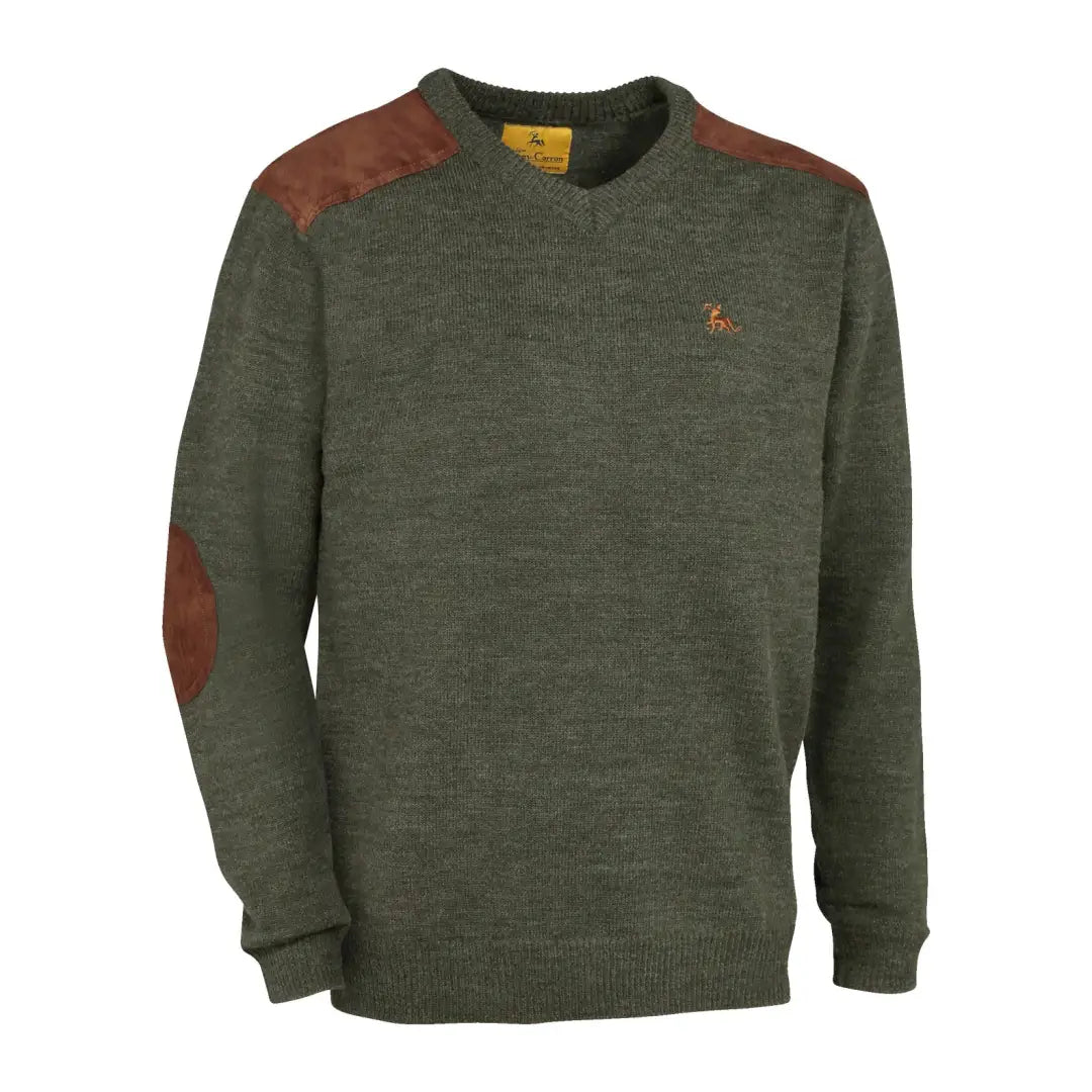 Green Verney Carron Fox V-Neck Pullover with brown shoulder and elbow patches