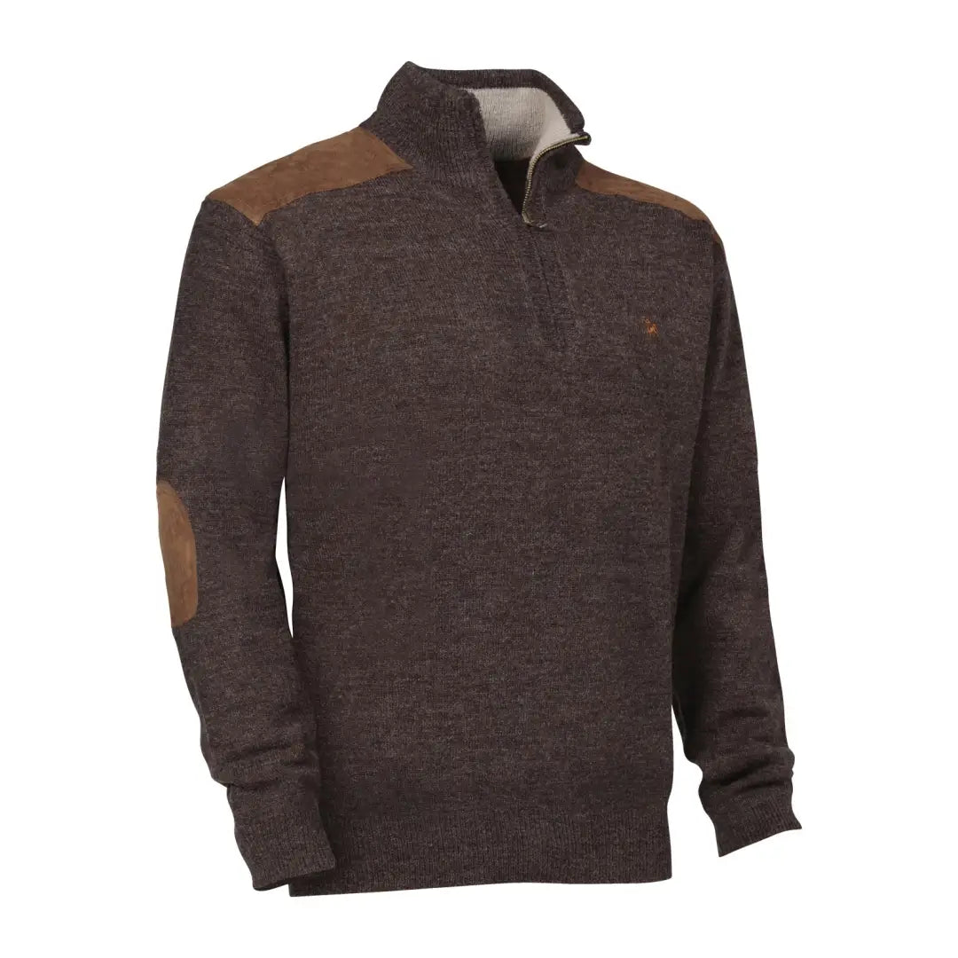 Brown Verney Carron Fox Zipped Pullover with leather shoulder patches for style and comfort